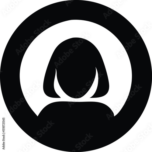 Silhouette of a person with short hair inside a circle shape in black and white graphic design