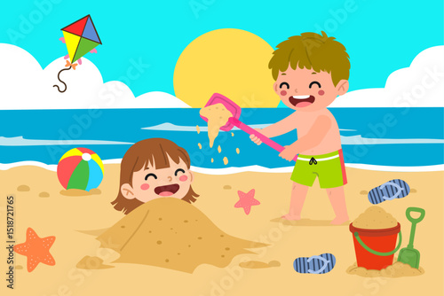 Two cute kids burying each others in sand, two kids playing in the beach vector illustration 