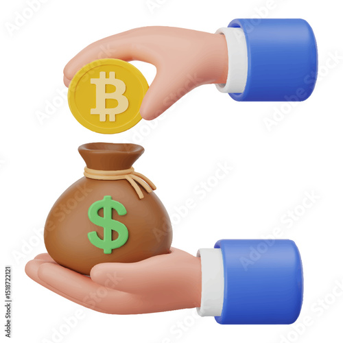 A cartoon-style 3D render illustration showing a hand on the bottom with a bag with a dollar symbol and a hand on top holding a gold bitcoin coin that puts it in a bag in the lower hand. On a white is