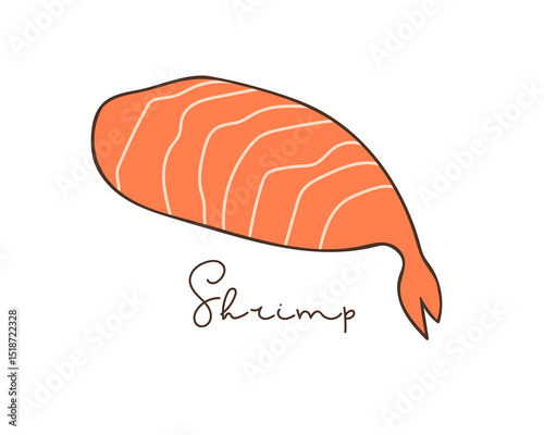 Shrimp. Hand drawn lineart vector illustration and hand written inscription on white background. Sign for Label, Poster, bar logo, menu design. Japanese food, traditional food. Shrimp logo. Seafood