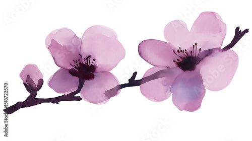 Pink watercolor illustration of a blossoming flower on a slender branch, isolated on transparent background cutout