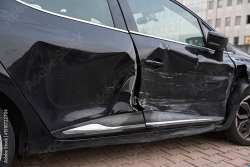 Carta da parati Close-up detail of car body damage from a collision, showing dent and paint scratches
