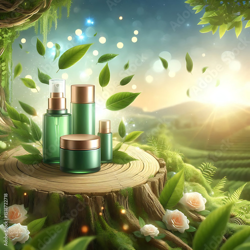 Green tea skincare ads with products placed on cut tree trunk and leaves flying in the sky in 3d illustration, bokeh tea garden background