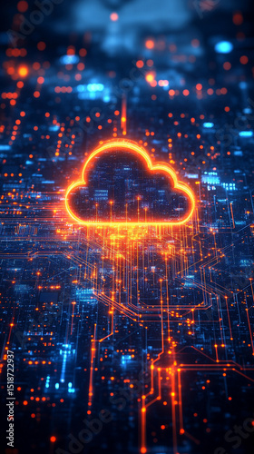 Central cloud icon with internal data connections over a polygonal world map on a dark blue background—symbolizing global cloud computing, data transfer, digital infrastructure, and technology.