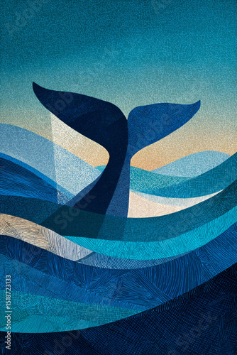 Stylized whale tail emerging from ocean waves at sunset