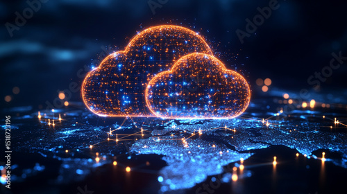 Fototapeta Naklejka Na Ścianę i Meble -  Central cloud icon with internal data connections over a polygonal world map on a dark blue background—symbolizing global cloud computing, data transfer, digital infrastructure, and technology.
