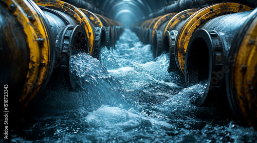 Water forcefully gushes from parallel steel industrial pipes, showcasing dynamic energy and powerful motion. A vivid representation of infrastructure, water treatment, and hydraulic force in action.

