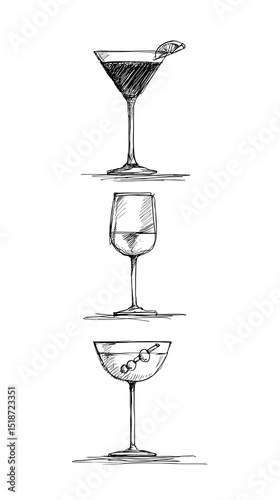 Minimalist ink sketch of layered cocktail glasses