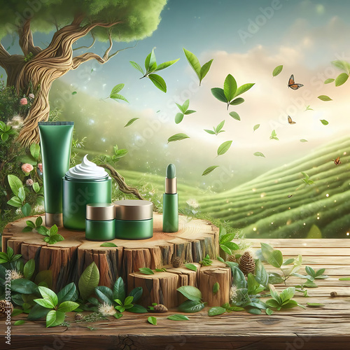 Green tea skincare ads with products placed on cut tree trunk and leaves flying in the sky in 3d illustration, bokeh tea garden background
