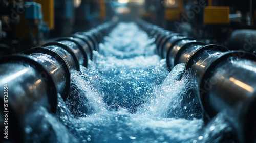 Water forcefully gushes from parallel steel industrial pipes, showcasing dynamic energy and powerful motion. A vivid representation of infrastructure, water treatment, and hydraulic force in action.

