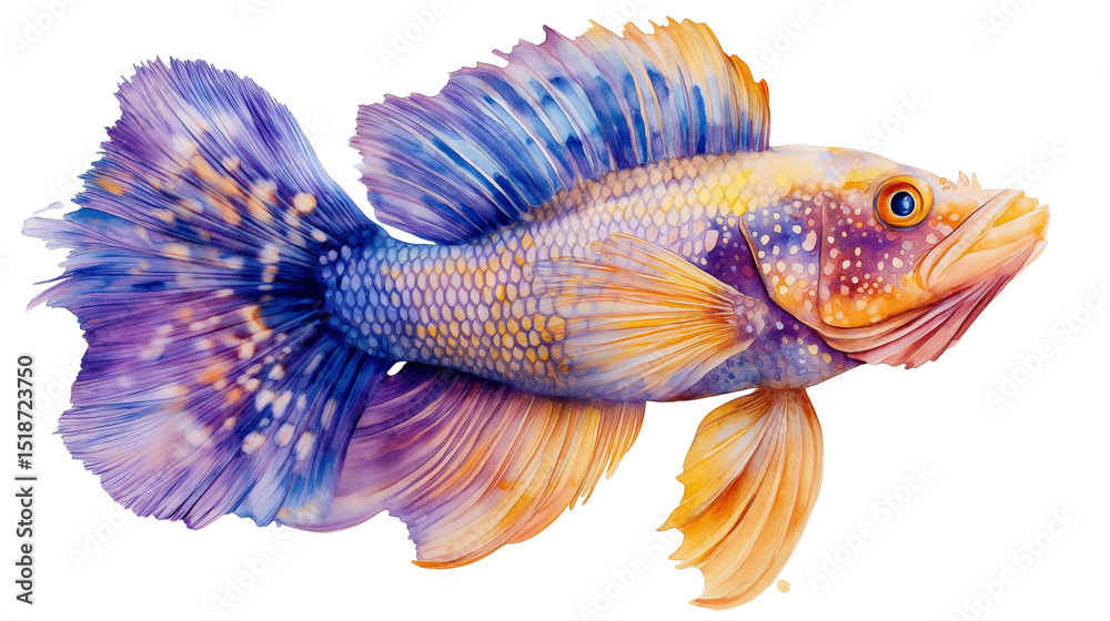 Fototapeta premium Watercolor betta splendens fish illustration with intricate details and vibrant hues, isolated on transparent background cutout
