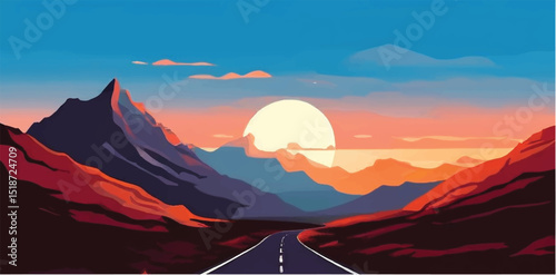 Road leading to mountains. Road view. Sunset view. Mountains landscape. Vector illustration.