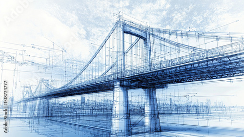 Intricate architectural blueprint of a modern bridge design—symbolizing engineering precision, innovation, structural integrity, and the fusion of technical planning with architectural vision.
