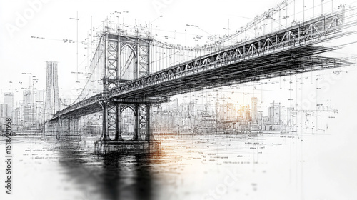 Intricate architectural blueprint of a modern bridge design—symbolizing engineering precision, innovation, structural integrity, and the fusion of technical planning with architectural vision.
