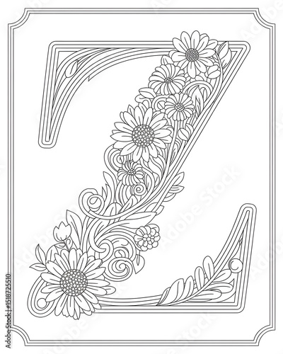 Black and White Line Art Floral Letter “Z” with Sunflowers and Daisies for Coloring

