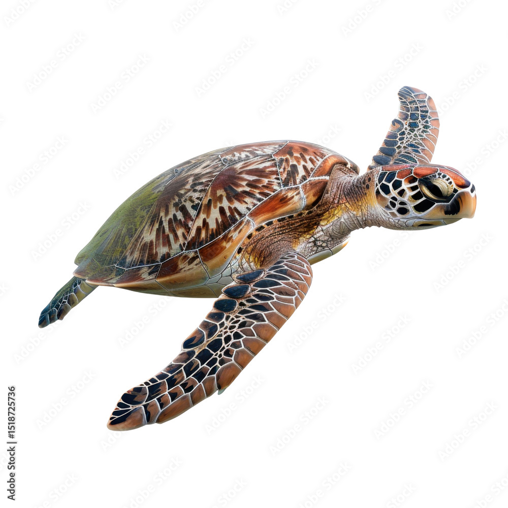 Obraz premium Vibrant sea turtle gracefully gliding through water, showcasing its intricate shell patterns and colorful features. This majestic creature embodies beauty of marine life and ocean ecosystems