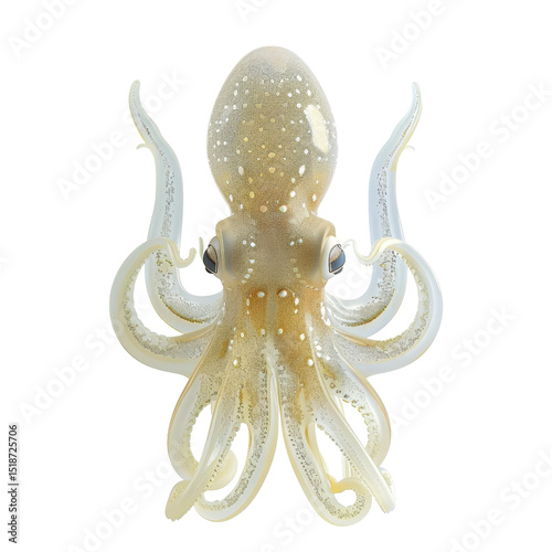 Octopus with smooth, light colored body and long, flowing tentacles gracefully extends its arms. creature skin is adorned with small, shimmering spots, creating captivating appearance