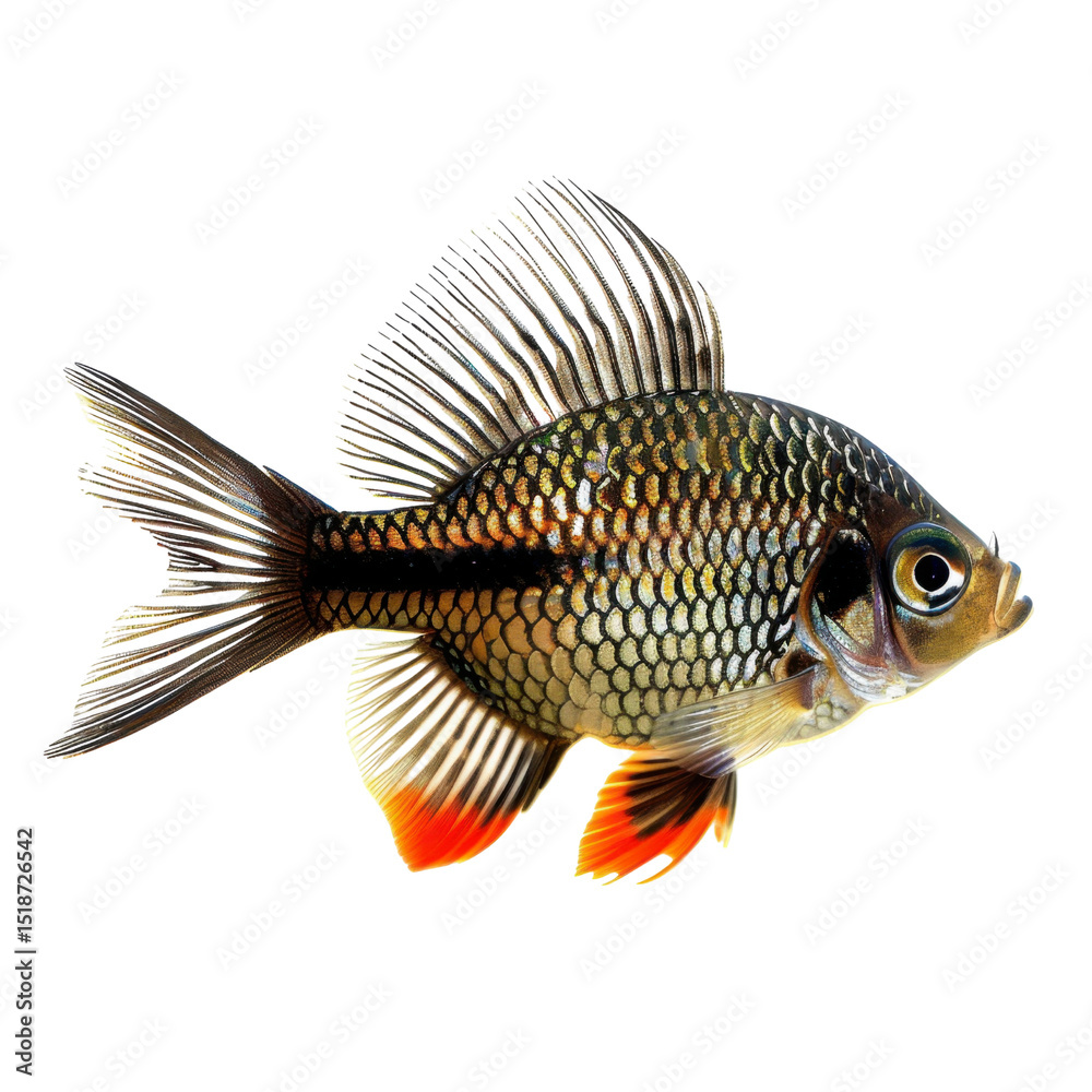 Vibrant fish with intricate scales and colorful fins gracefully swims through water, showcasing its beauty and elegance. shimmering body reflects light, creating captivating visual display Vibrant fish with intricate scales and colorful fins gracefully swims through water, showcasing its beauty and elegance. shimmering body reflects light, creating captivating visual display