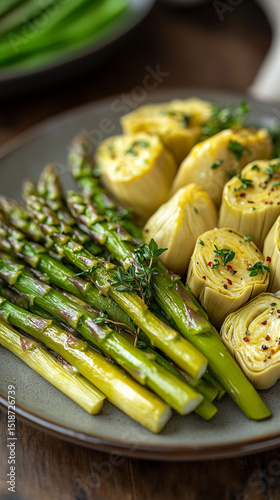 Gourmet vegan dish with asparagus and artichoke, artfully plated and garnished with herbs, symbolizing freshness, seasonal ingredients, clean eating, and plant-based culinary creativity.

