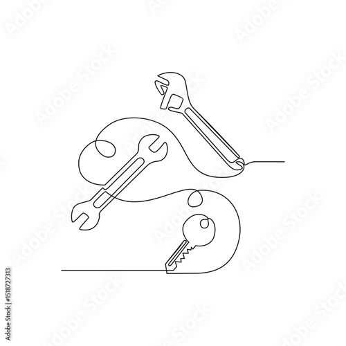 One continuous line vector illustration drawing education concept of lines form a series of keys of varying complexity: simple key, spanner key , wrench, digital key. Each key opens a different door