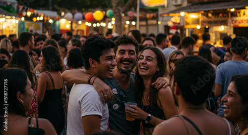 Grupo de amigos sorrindo e se divertindo em festa de rua ao entardecer photo