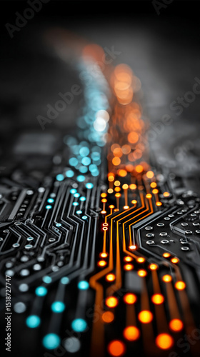 Futuristic digital QMS control interface with glowing blue and orange circuit board design, representing ISO 9001 standards, quality assurance, innovation, and compliance in modern tech.
