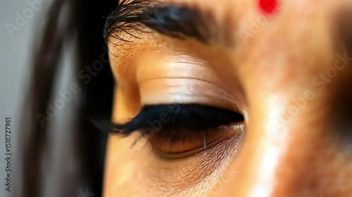 Beautiful face of an Indian girl, her expressive eyes looking at the camera, macro shot