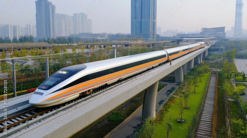 Fototapeta premium High-speed train on elevated track, urban cityscape background