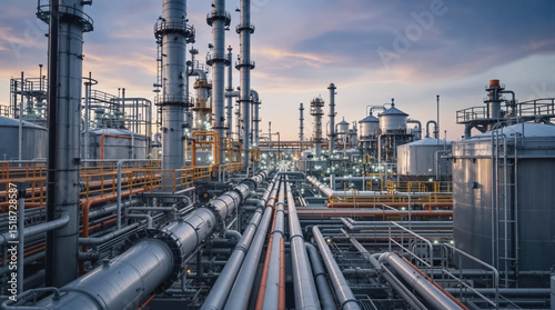 An oil refinery with pipes and tanks