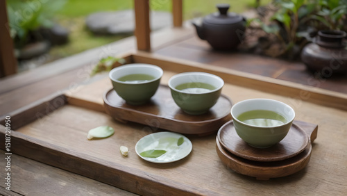 Japanese green tea cups on a wooden table in a Zen garden.