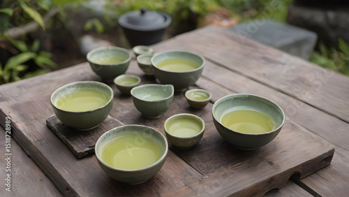 Japanese green tea cups on a wooden table in a Zen garden.