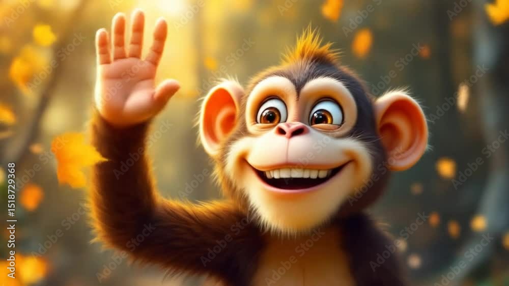 Cheerful Monkey Waves in a Sunny Forest, a cute cartoon animation with a friendly gesture and vibrant autumn colors. Cheerful Monkey Waves in a Sunny Forest, a cute cartoon animation with a friendly gesture and vibrant autumn colors.