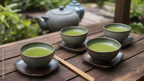 Japanese green tea cups on a wooden table in a Zen garden.