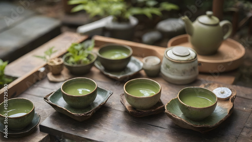 Japanese green tea cups on a wooden table in a Zen garden.
