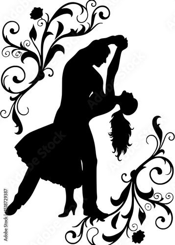 "A top-down silhouette of a man dipping a woman in a romantic ballroom move. Her long hair and dress curve with gravity, creating graceful shapes. The background is filled with stylized flourishes to 