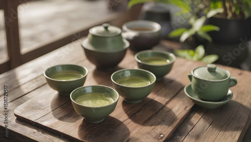 Japanese green tea cups on a wooden table in a Zen garden.