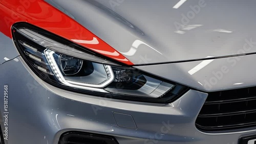 Closeup on headlight of a generic and unbranded red car. motion video.