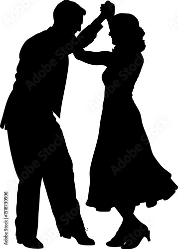 "Silhouettes of a couple performing a dramatic slow dance, their foreheads nearly touching. The pose is intimate and poised. Flowing lines encircle them like a vignette, and the style is elegant and m