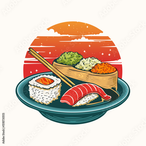 Vintage illustration of japanese food t shirt design, vector graphic, typographic poster or tshirts street wear and Urban style