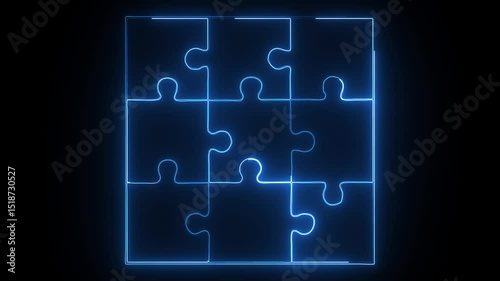 glowing neon puzzle icon isolated on black background glowing neon piece icon concept.4k