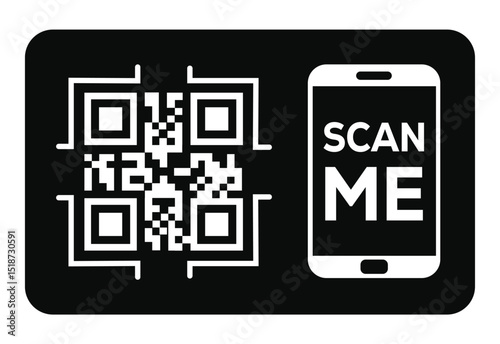 Minimalist black and white flat design: QR code (left) & smartphone (right) displaying "SCAN ME". Overhead view illustrating scanning interaction. Clean, graphic, no background. 
