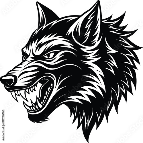 Aggressive Wolf Head Profile in Black and White Graphic Design
