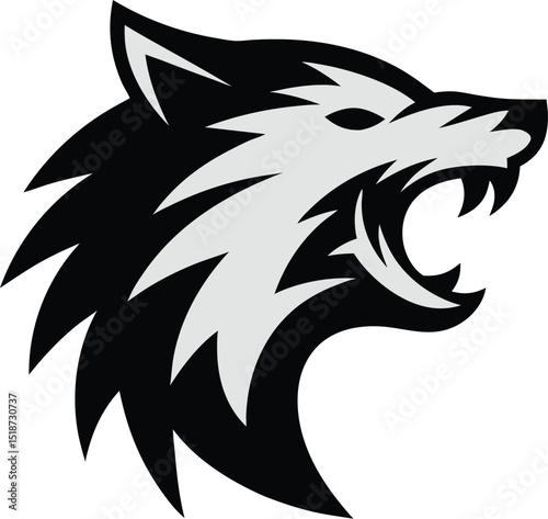 Aggressive stylized wolf head logo design, black and grey color scheme, perfect for sports teams or brands