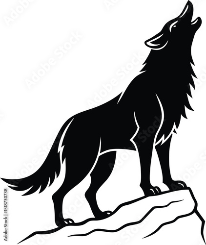 A howling wolf silhouette standing majestically on a rocky outcrop, a powerful symbol of wilderness and freedom