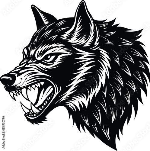 A fierce, snarling wolf's head, rendered in stark black and white, embodies power and aggression.