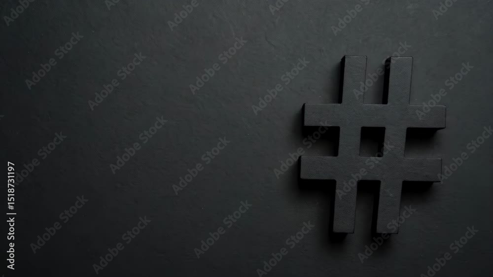 Dark background with black hashtag symbol, concept for social media and digital communication.