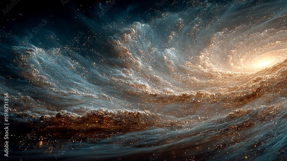 Fototapeta premium A luminous spiral galaxy in deep space radiates blue, gold, and silver hues—symbolizing cosmic mystery, infinity, celestial beauty, and the grandeur of the universe beyond our world. 