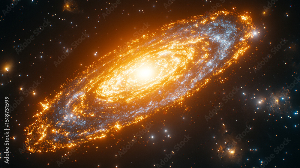 Fototapeta premium A luminous spiral galaxy in deep space radiates blue, gold, and silver hues—symbolizing cosmic mystery, infinity, celestial beauty, and the grandeur of the universe beyond our world. 