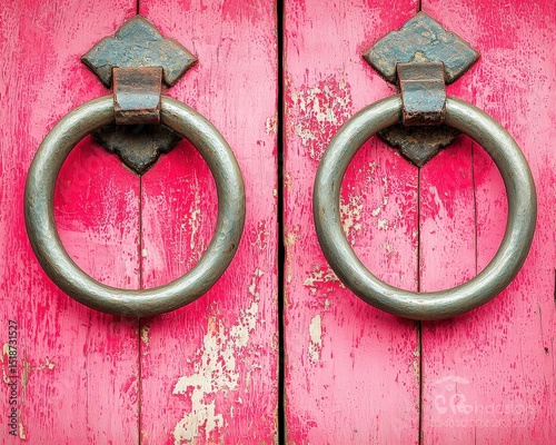 Two large metal door knockers on a weathered red wooden door with peeling paint and rustic details.