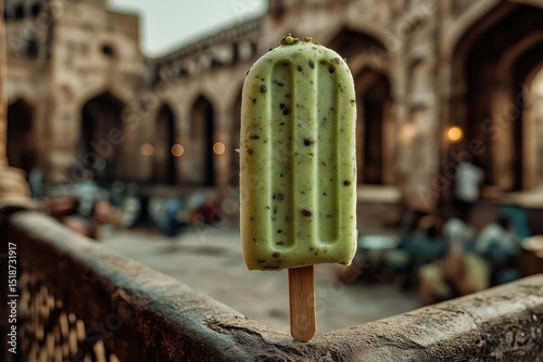 Pistachio kulfi glows above ancient stone courtyard in soft Delhi light photo